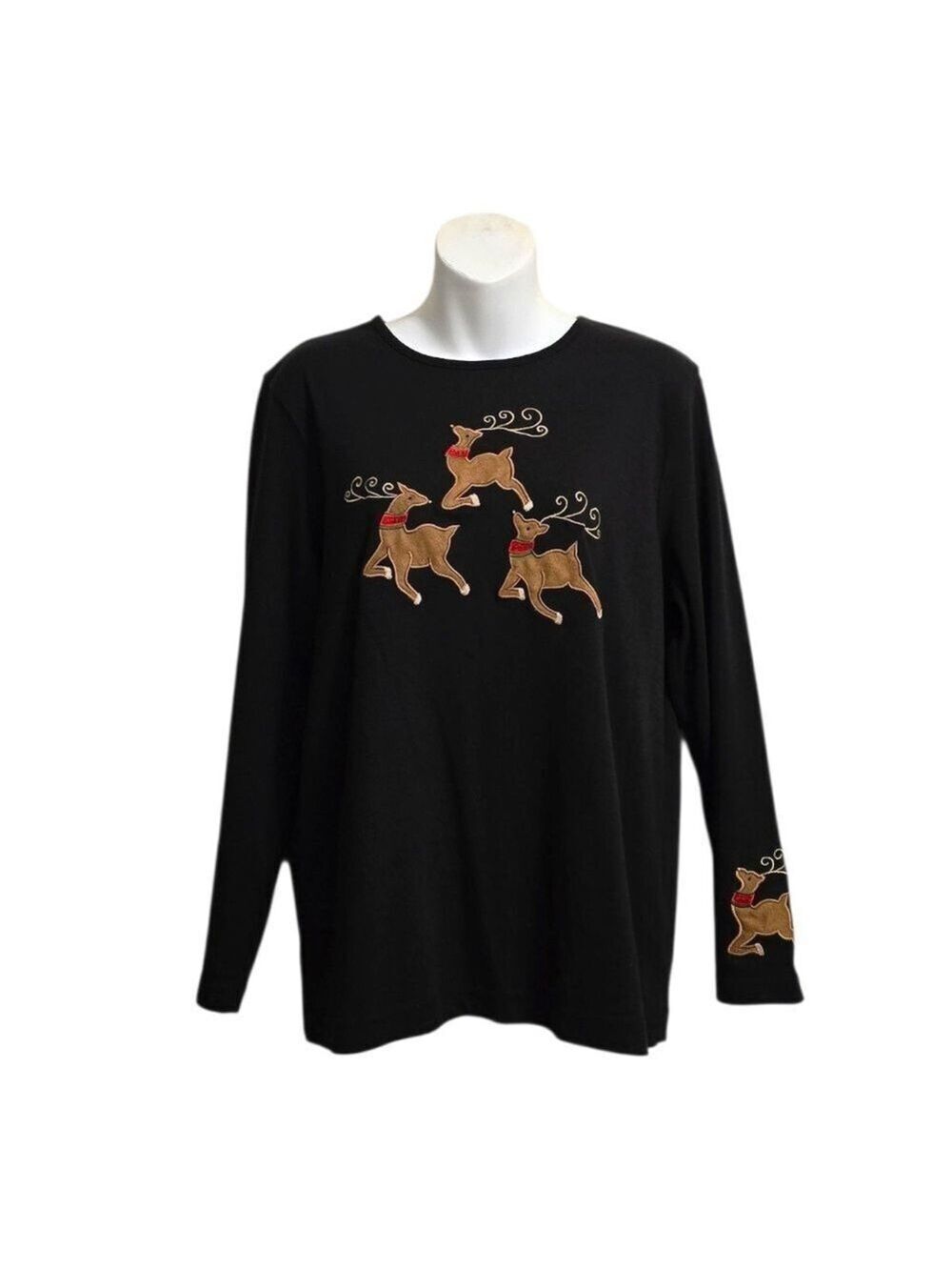 Hampshire Studio Black Holiday Reindeer Embroidered Long Sleeve Shirt Sz L